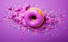 Donut Crumbs And Colorful Sprinkles Scattered On A Contrasting Bright Purple Background