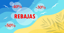 Vector Horizontal Summer Seasonal Discount Template, Sale In Spanish Language Rebajas. Sea Or Ocean And Sandy Beach Background With Palm Leaves And Discount Percentage For Post In Social Media.