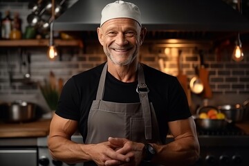 Wall Mural - Portrait of a smiling mature male chef standing in the kitchen.