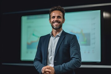 Wall Mural - smiling businessman in suit looking at camera while standing near computer screen in office