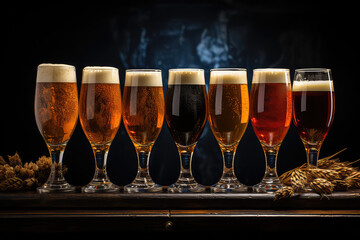 A composition of glasses full of different types of beer, standing in a row. Assortment of different types of beer poured into glasses on dark background.