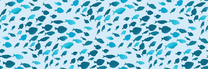 Seamless pattern with a flock of fish on a white background. Fish wave print. Vector illustration. Sea fish shoal. Ocean, marine backdrop, universal pattern.