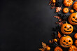 Happy halloween flat lay mockup with pumpkins, leaves and bats on black background. Autumn holiday concept composition. Top view with copy space. Generated ai.