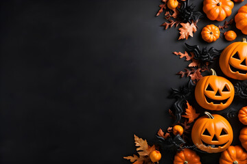 happy halloween flat lay mockup with pumpkins, leaves and bats on black background. autumn holiday c