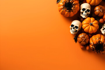 Wall Mural - happy halloween flat lay mockup with pumpkins and skulls on orange background. autumn holiday concep