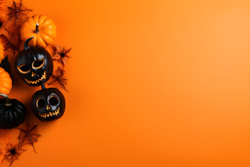 Wall Mural - happy halloween flat lay mockup with pumpkins, spiders and spiderweb on orange background. autumn ho