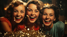 Vintage Portrait Of Three Young Beautiful Women Celebrating New Year. Generative AI.