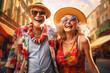 © pangamedia - A retired caucasian elder an his wife are travelling happy with holiday clothing in a vibrant city on vacation while retired