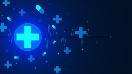 Poster - Abstract medical global network concept with cross and heart pulse on dark blue background.