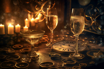 Wall Mural - two glasses with champagne and clock on table with Christmas decorations. new year, generative AI