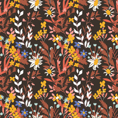 Wall Mural - Seamless floral pattern with colorful different wildflowers. Autumn-summer print in a simple hand-drawn style. Ditsy style.Botanical pattern with leaves, flowers herbs in a warm color palette. Vector