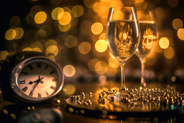 Wall Mural - two glasses with champagne and clock on table with Christmas decorations. new year, generative AI