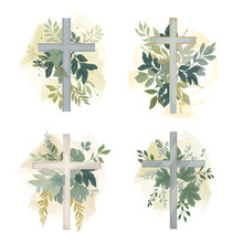 Watercolour Flower Cross Set. Graphic Easter Cross Clipart, Spring Floral Arrangements, Baptism Crosses DIY Invitation. Vector Illustration EPS10
