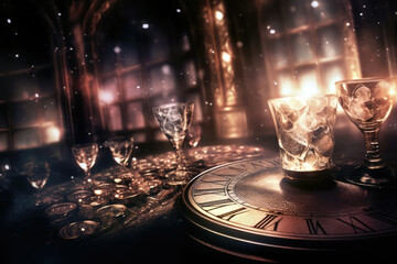 Wall Mural - glasses with champagne and clock on table with Christmas decorations. new year eve, generative AI