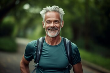 Wall Mural - Portrait of a smiling senior man with a backpack in the park