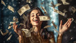 © MP Studio - Attractive young woman stands under money fly rain. Created with Generative AI technology.