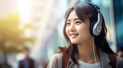 Poster - Young Asian girl wearing headphones listening to music in the background of the city. Created with Generative AI technology.