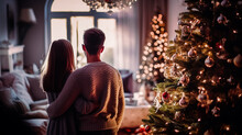 Couple Se Tenant Par Le Bras Admirant Le Sapin De Noël Dans Le Salon - Générative IA