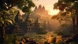 Ruins of old Hindu temple in jungle at sunset. 