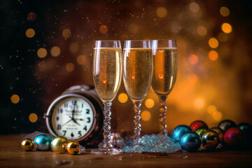 Wall Mural - glasses with champagne and clock on the table with Christmas decorations. new year eve, generative AI.