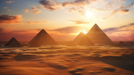 egyptian pyramids at sunset and dramatic sky