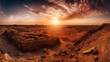 Remains of Egyptian pyramids in desert at sunset and dramatic sky