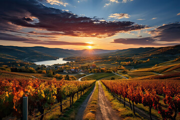 Wall Mural - Autumn sunset Vineyards nature landscape. 