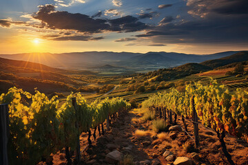 Wall Mural - Vineyards landscape in autumn. Sunset lighting. 