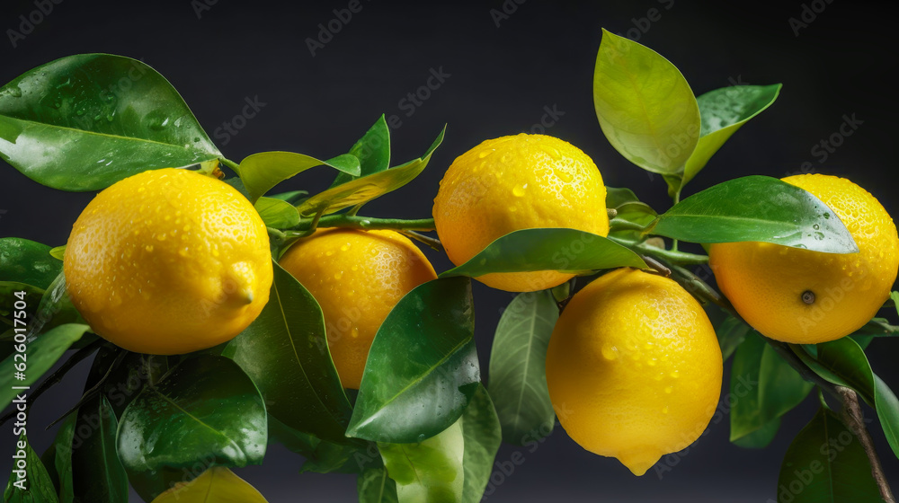 Lemon tree branch with natural ripe yellow lemons with drops and green ...