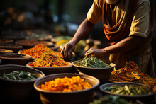 Bowls With Colourful Spice In Market In India. Asian Or Mexican Food Banners, Advertisement. Copy Space