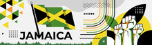 Jamaica Flag For National Day Banner, Green Yellow Black Colors Background And Geometric Abstract Modern Design. Jamaican Flag Independence Day Corporate Business Theme. Vector Illustration.
