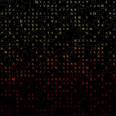 Poster - Futuristic tech background with random letters of the Chinese Simplified Alphabet. Gradient matrix pattern with a yellow, orange, and red color theme. Tileable horizontally.