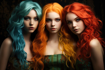 Close up of three young girls with colored hair looking at the camera. Generative AI