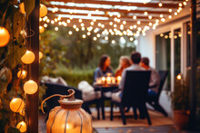 Family Having A Meal Outdoors, Table Setting With Pumpkins And Autumn Decoration