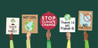 Protest strike against climate change and global warming. Set of human hands with eco banners, placards. Save the planet, stop climate change, no plastic concept. Hand drawn vector illustration