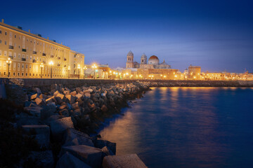 Sticker - Cadiz Cathedral and Paseo del Vendaval Promenade at night - Cadiz, Andalusia, Spain