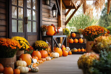 Porch Of The Backyard Decorated With Pumpkins And Autumn Flowers