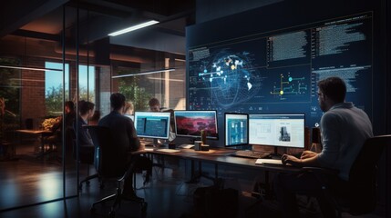 A scene showcasing a team of software developers coding, collaborating, and testing applications in a modern development environment	
