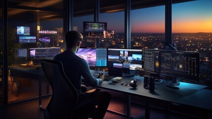 A scene showcasing a team of software developers coding, collaborating, and testing applications in a modern development environment	
