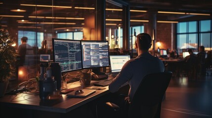 A scene showcasing a team of software developers coding, collaborating, and testing applications in a modern development environment	
