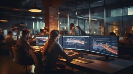 A scene showcasing a team of software developers coding, collaborating, and testing applications in a modern development environment	
