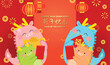 Chinese dragons family with children wishing happy new year 2024. Children holding red envelopes for the year of the dragon celebration, lunar new year 2024. Greetings card or banner vector template. 