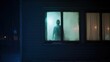 © Login - Horror scene. A scary ghost looks out of the illuminated window of the house. Haunted house. Сoncept for spooky Halloween. Generative AI illustration for design.