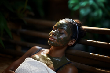 Sticker - The girl enjoys mud  face mask in a spa salon. Luxury treatment. Generated AI