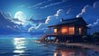 a beautiful japanese house at sea water in the late evening. anime cartoonish artstyle. cozy lofi asian architecture. moon shining in the dark sky. 16:9 4k resolution. Generative AI