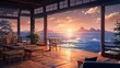 a beautiful japanese house interior at sea water in the evening. anime cartoonish artstyle. cozy lofi asian architecture. sunset in the sky. 16:9 4k resolution. Generative AI