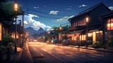 Fototapeta Uliczki - a beautiful japanese tokyo city town in the evening. houses at the street. anime cartoonish artstyle. cozy lofi asian architecture. 16:9 4k resolution. Generative AI