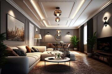 Canvas Print - Luxury living room and dining room in classic style