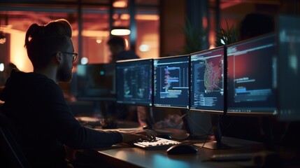 A scene showcasing a team of software developers coding, collaborating, and testing applications in a modern development environment