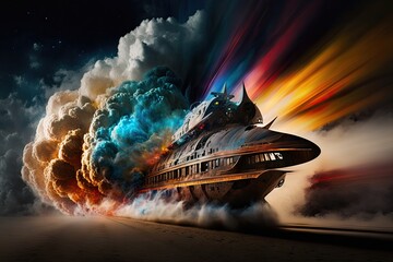Poster - Futuristic spaceship in the sky with smoke